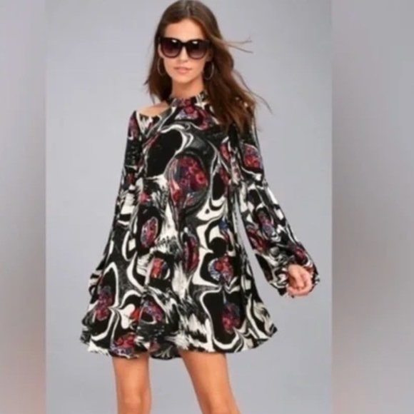 Free People Women Drift Away Tunic/Mini Dress Black Print Cold Shoulder Cocktail - Picture 1 of 12